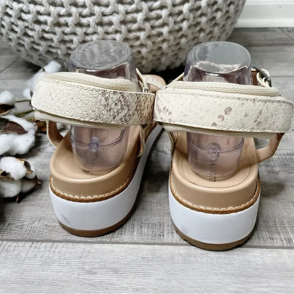 Lucky Brand Idenia Leather Snake Embossed Flatform Sandals Stucco Lomo Size 9.5M